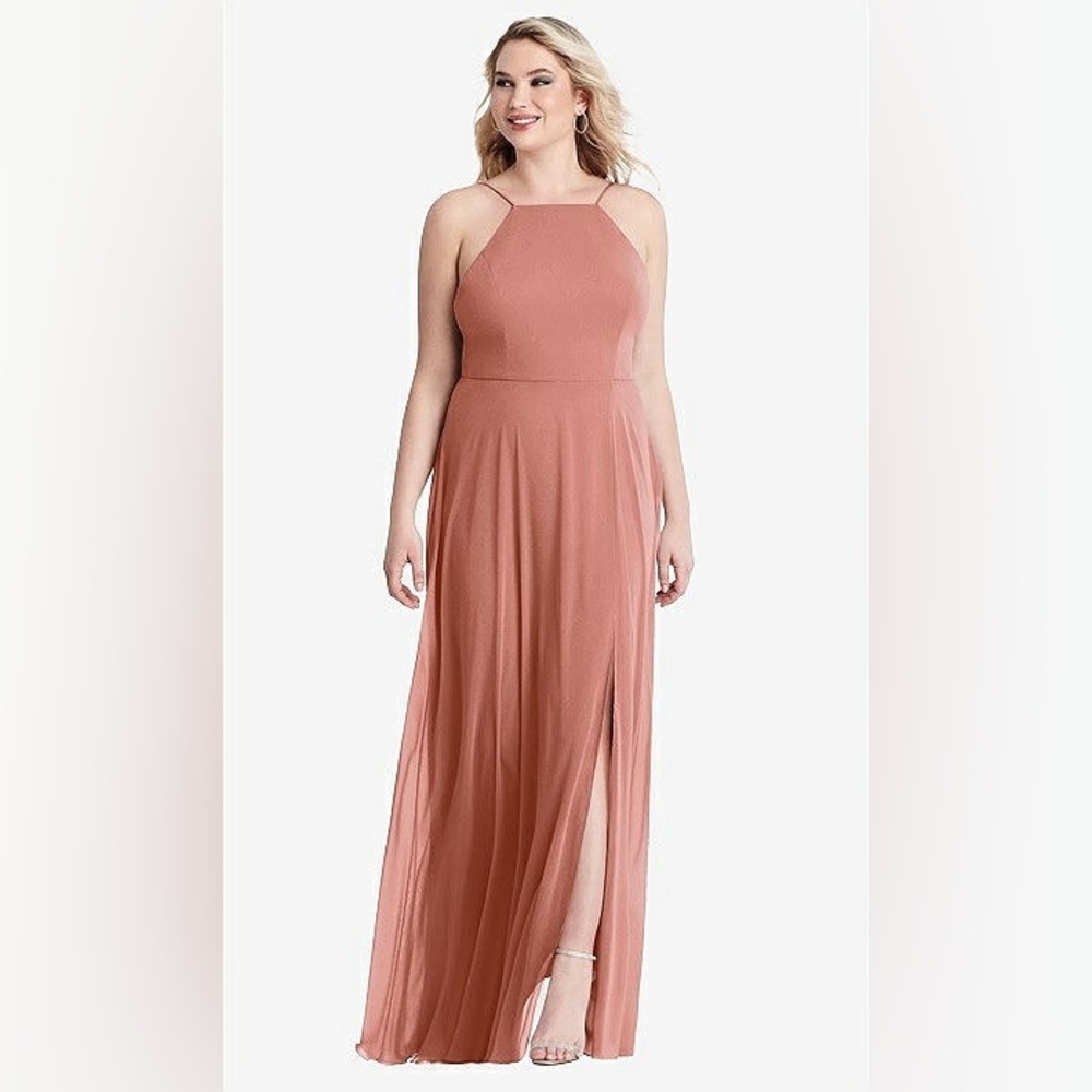 Lovely by Dessy Group Lela High Neck Chiffon Maxi Dress in Bliss Pink size 16